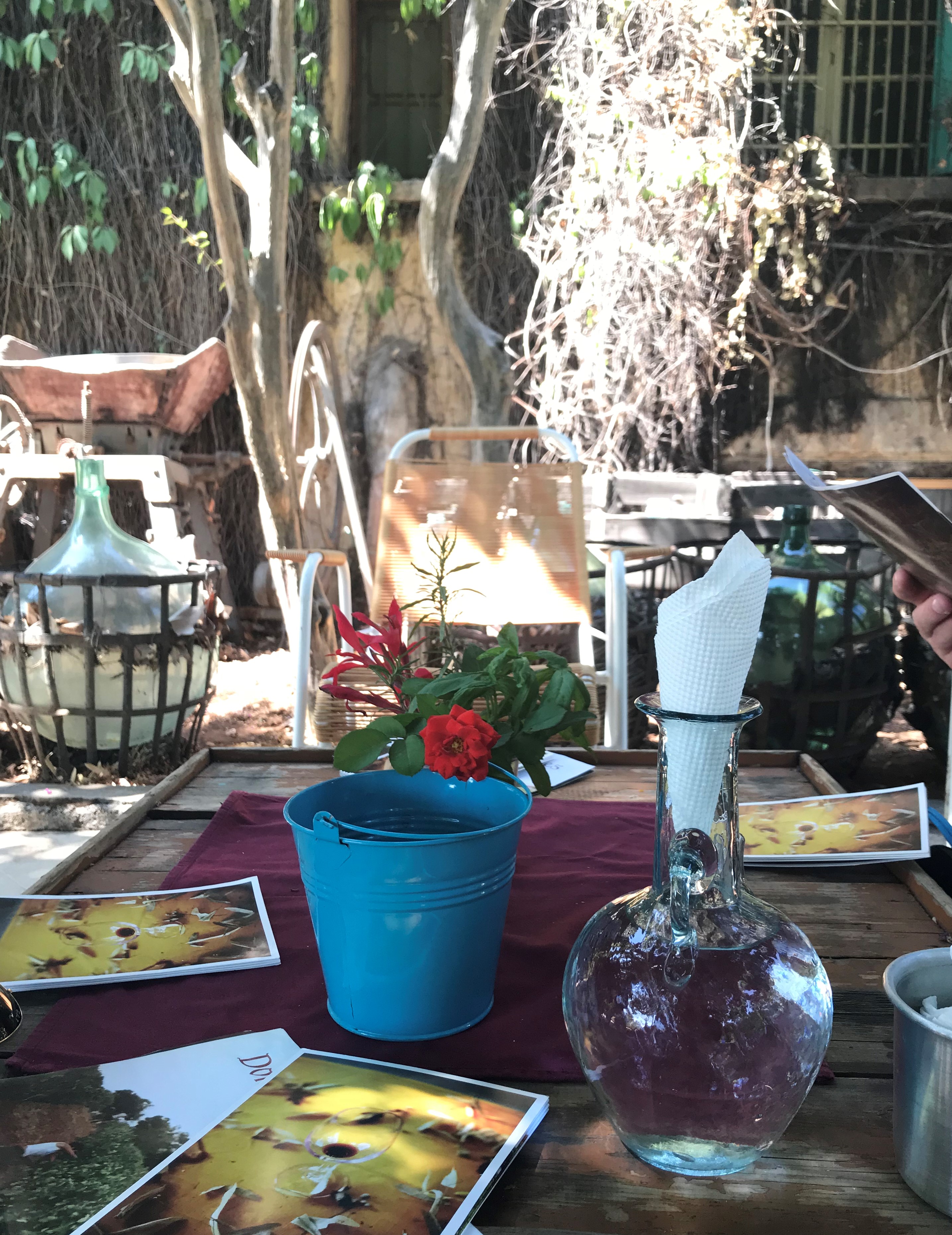 I took my family wine tasting in the Bekaa valley which is located north of Beirut. This photo and the one below are from one of the wineries, Domaines des Tourelles. The clay jars/containers are filled with the local spirit known as Arak, which is made from grapes and flavored with anise seed. The other photo is our little table where we did a tasting of the their whites, reds, and roses. That region grows a lot of french grapes (cabernet, chardonnay, cinsault, etc) but also has delicious local varieties such as obeidy.