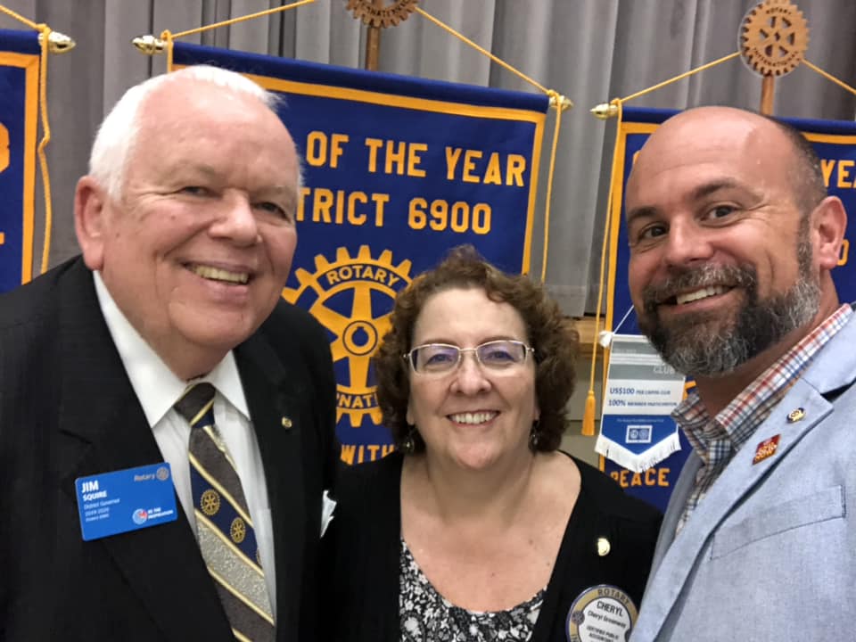 DGE Jim Squire and DGN Kirk Driskell with PDG Cheryl Greenway, who will serve as our 2019-22 District Rotary Foundation Chair. 